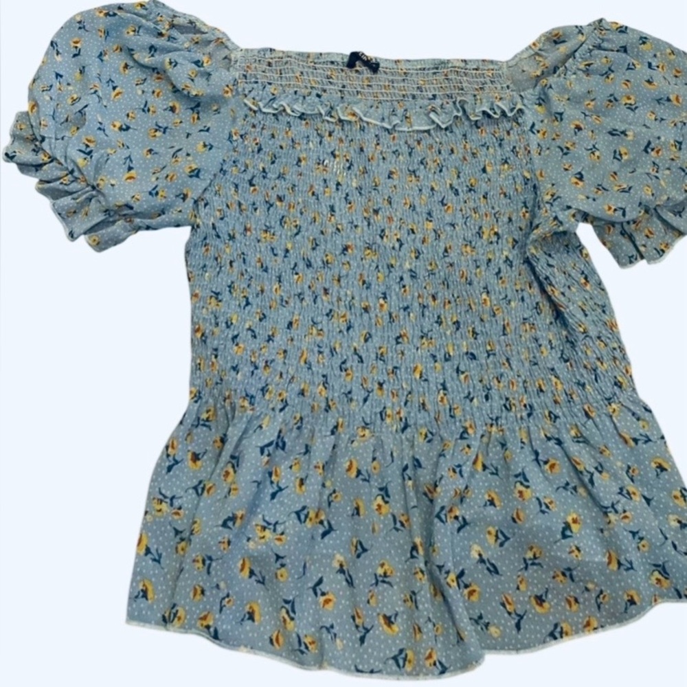 Plus size SHEIN Blue Floral Smocked Puff Sleeve Top